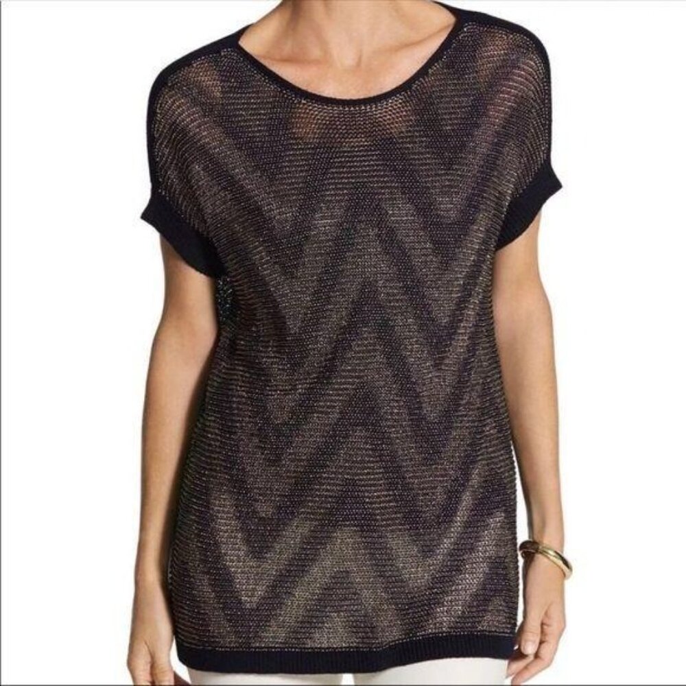 Chicos Chevron Knit Short Sleeve Sweater Top Size 0 Black Gold Metallic Lightwei